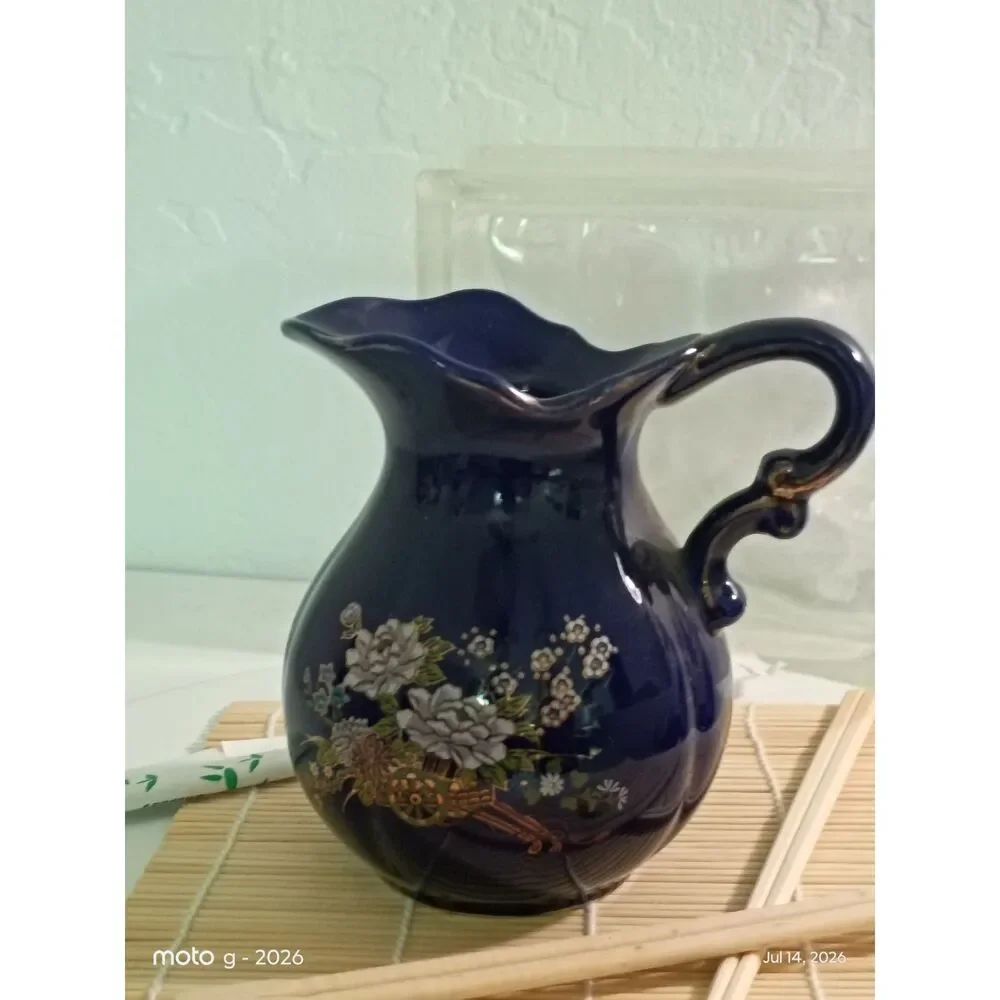 Vintage Japanese Cobalt Blue Pitcher Gold Pheasant Floral Kutani Style 5